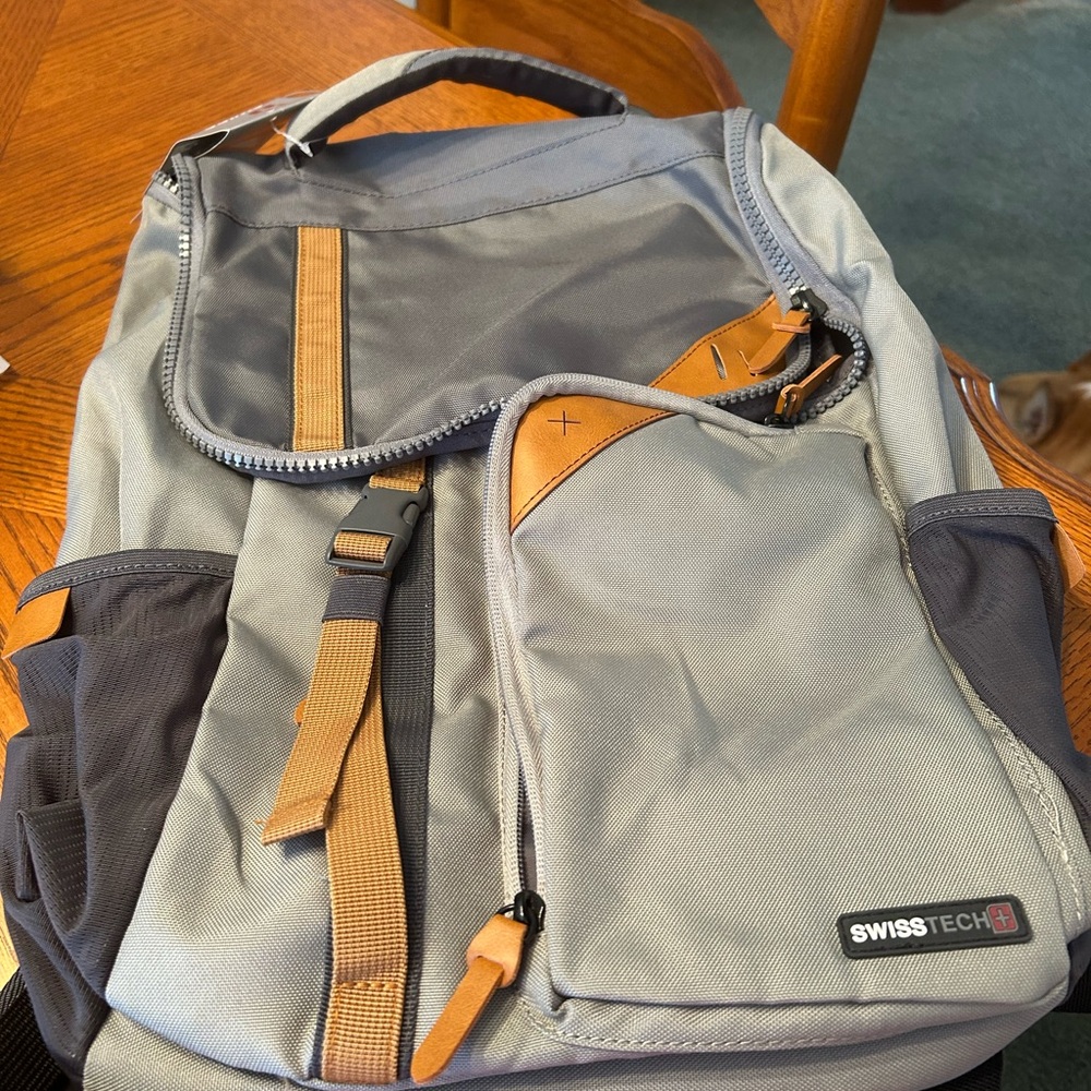 Swiss Tech Gray Backpack with Brown Accents